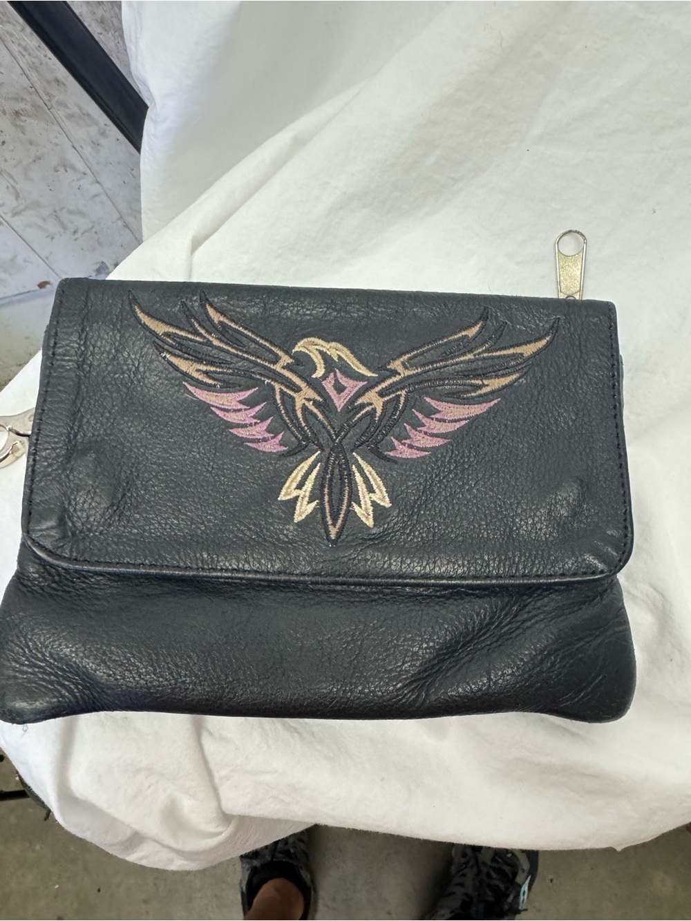 Black Leather Clutch with Pink & Gold Embroidered Bird-Tribal Eagle